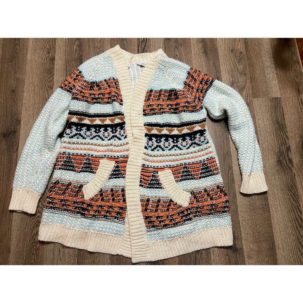 Tru Cloth Sweater, Women's Size Medium, Cream Orange Blue, Cardigan